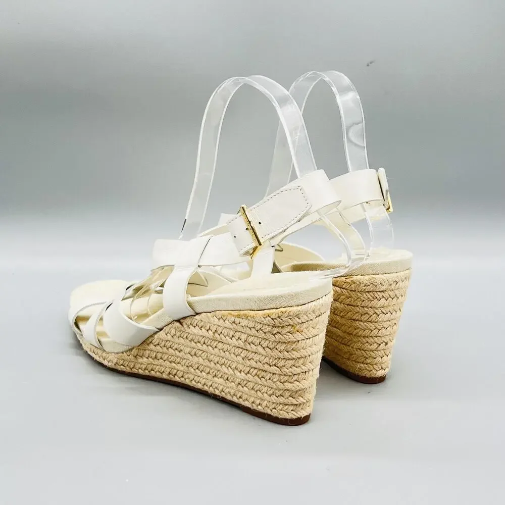 Cole Haan Sandals Women 9 White Leather Strappy Slingback Espadrille Wedge Shoes